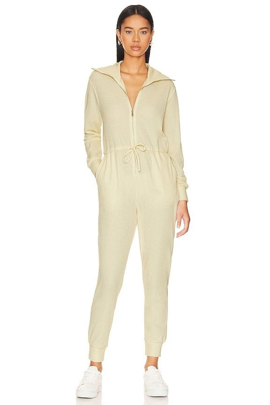 WeWoreWhat Waffle Knit Zip Front Collar Elastic Waist Jumpsuit Beige Size M